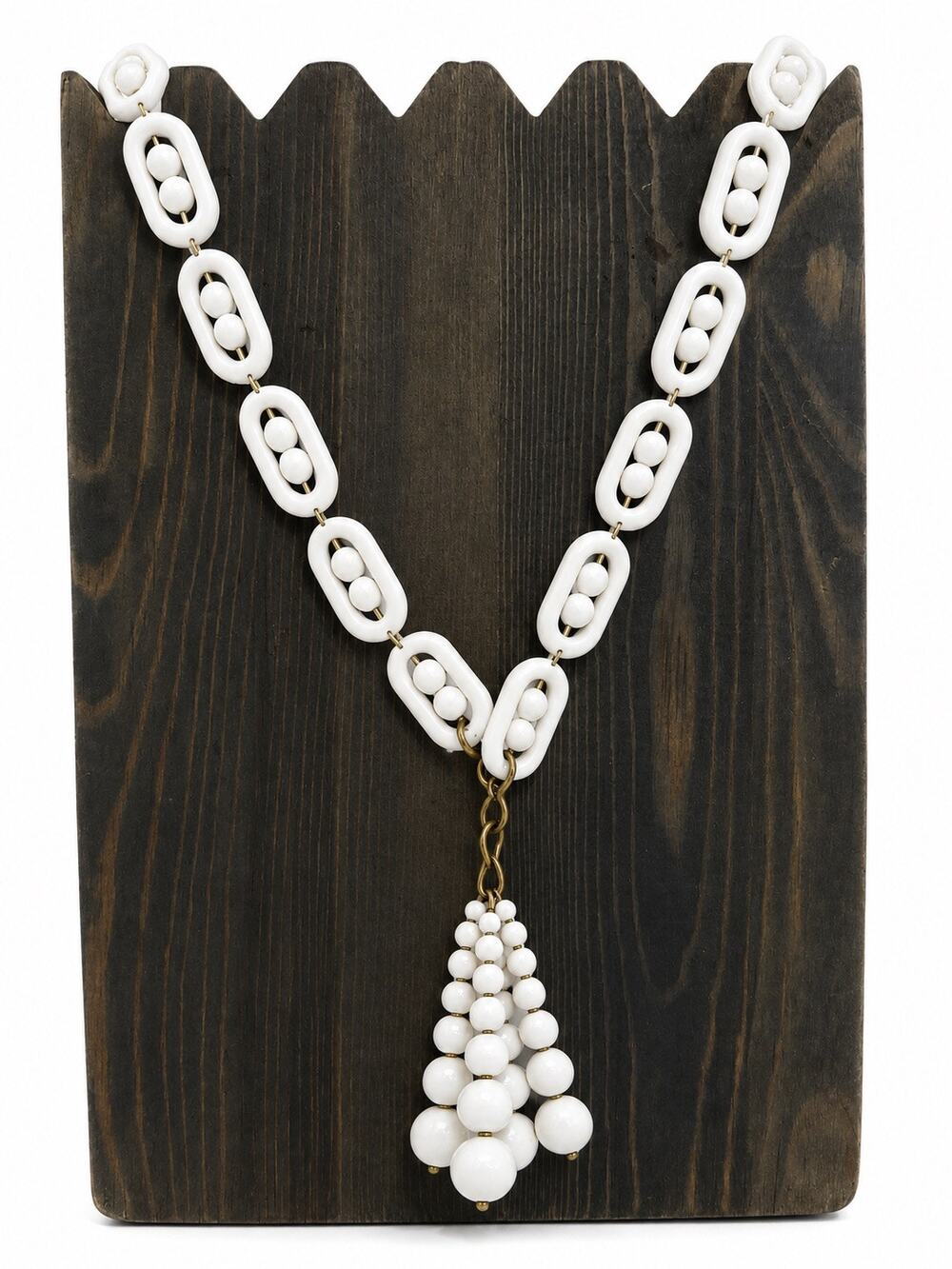 Vintage White Beaded Statement Necklace Mod Retro 30” Long